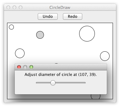 A dialogue box with multiple circles (some filled, some empty), 2 buttons; undo and redo & a range control.